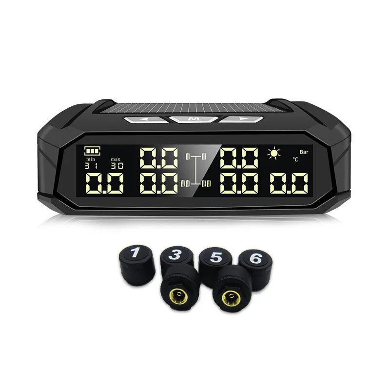 Solar external tire pressure monitor display unit with colour screen for six-wheel trucks