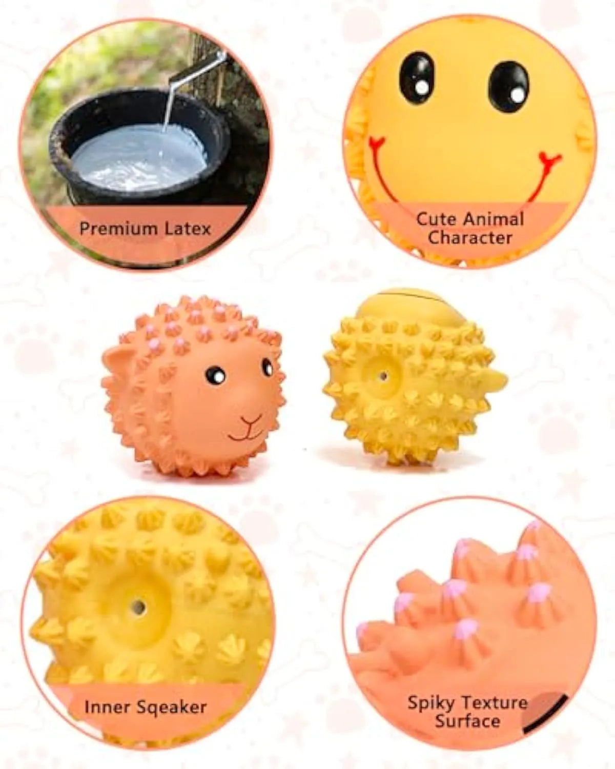 Orange and yellow spiky latex squeaky dog toys showing animal designs and textured surface
