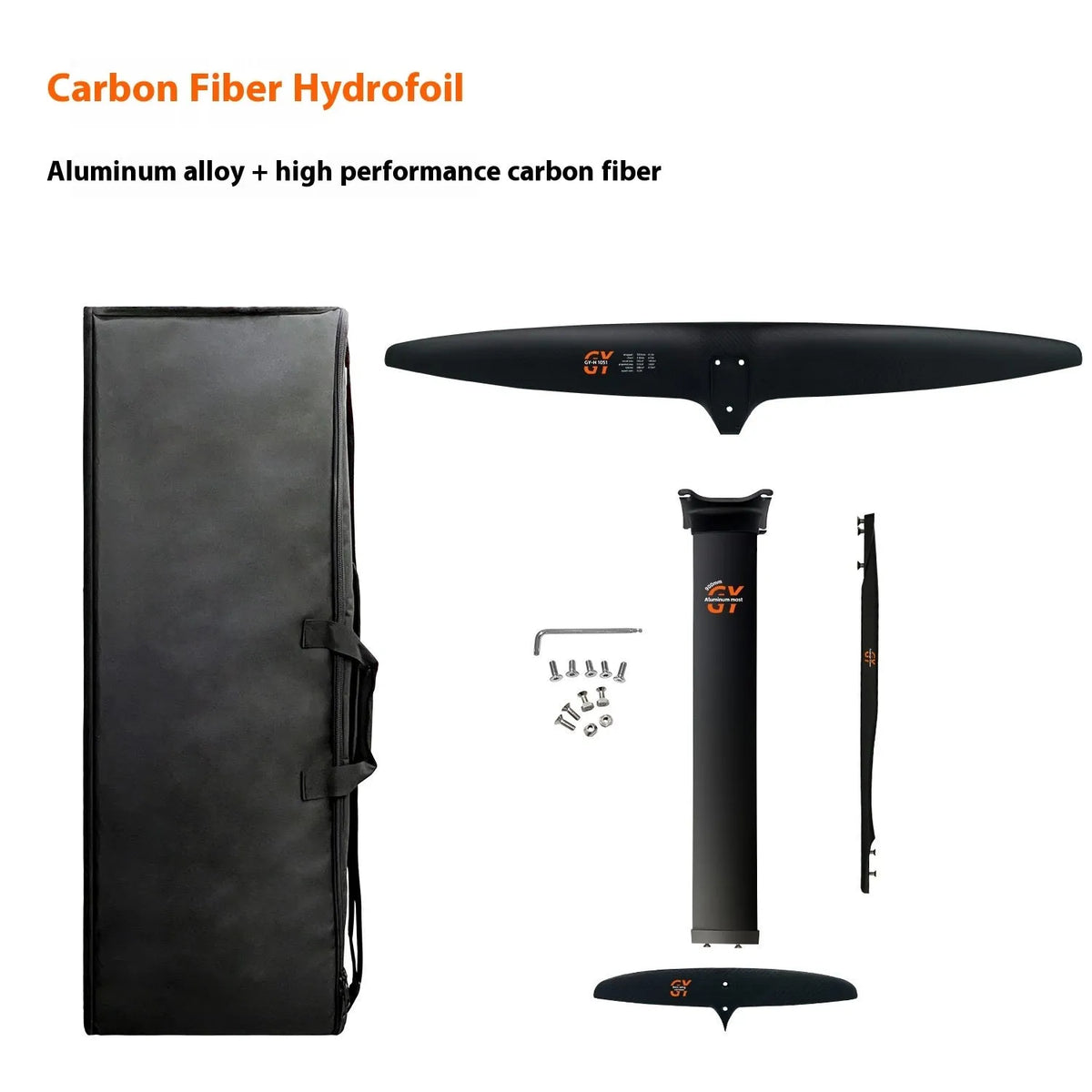 Black aluminium alloy and carbon fibre unpowered hydrofoil surfboard with large front wing.