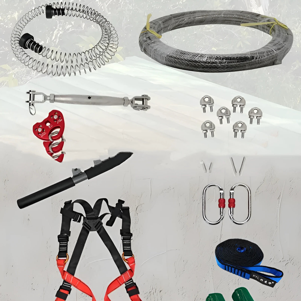 Children's outdoor pulley slide rope kit with 10 metre rope, steel pulleys, safety belts, and tree protection