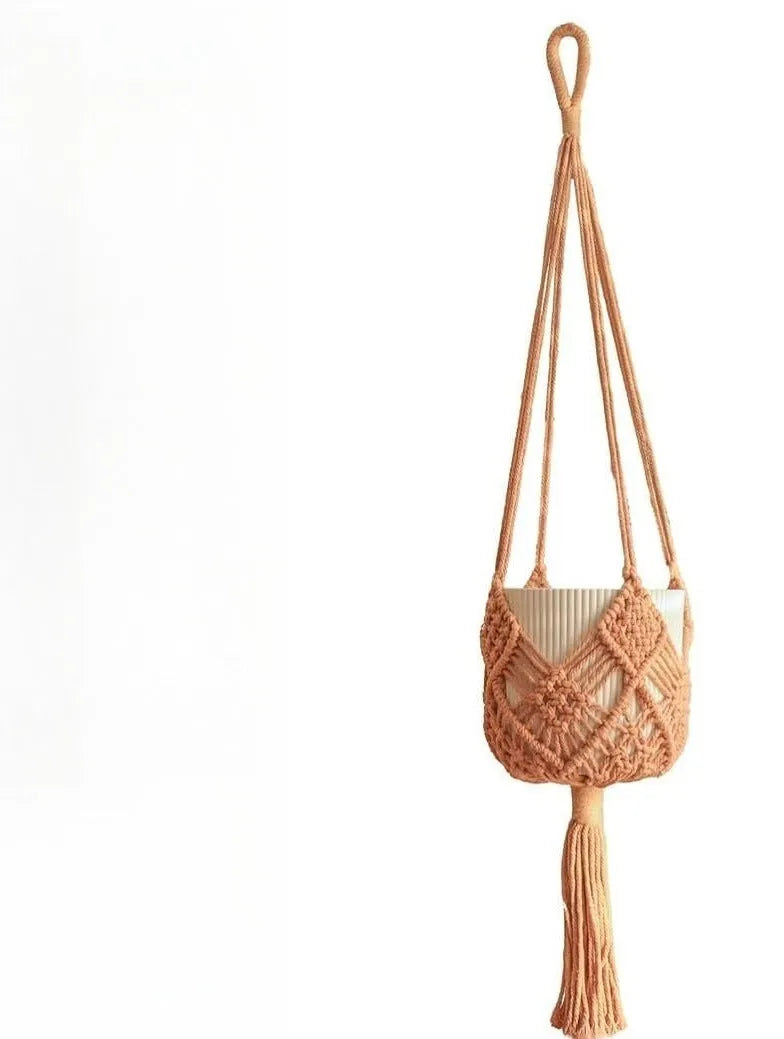 Hand-woven polyester cotton flower pot with net pocket design in brown colour