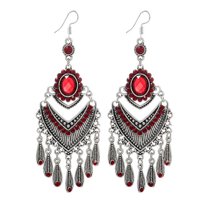 Smart water drop purple retro crystal fringe earrings with ethnic design and drop shape
