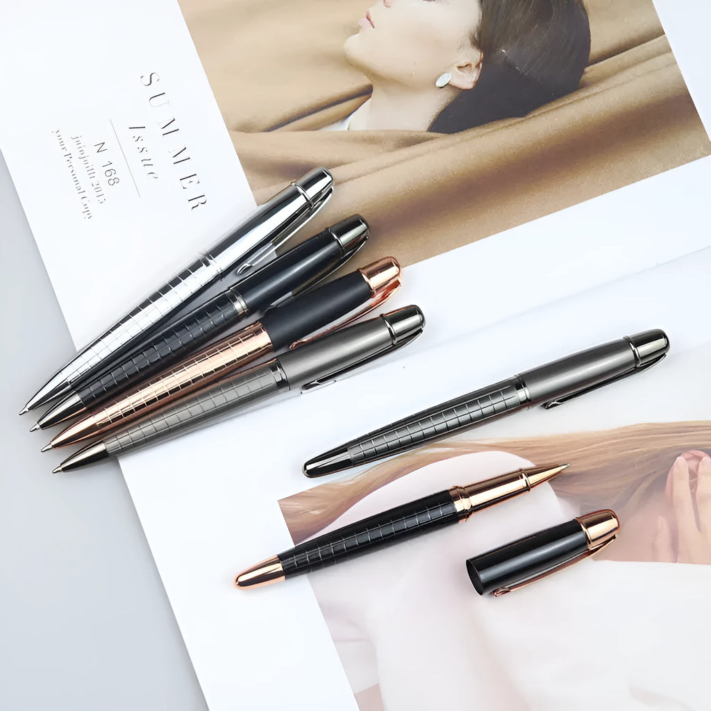 Gun grey metal rollerball pen with 13.5cm barrel shown alongside black and blue refills