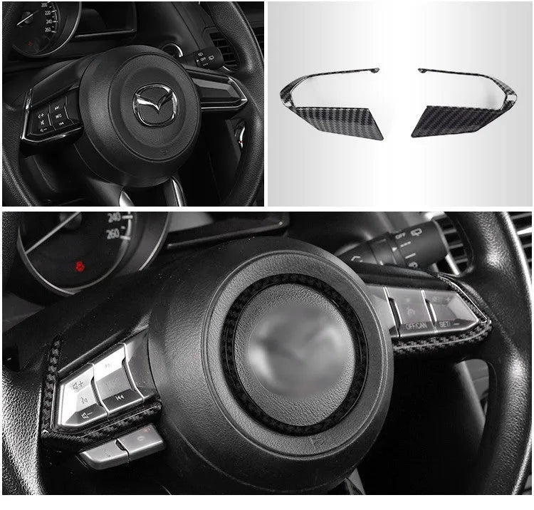 Pair of carbon fibre patterned steering wheel frame overlays for 21 left and right style installation.