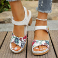White women's casual high heel sandals with Velcro buckle closure and rubber sole