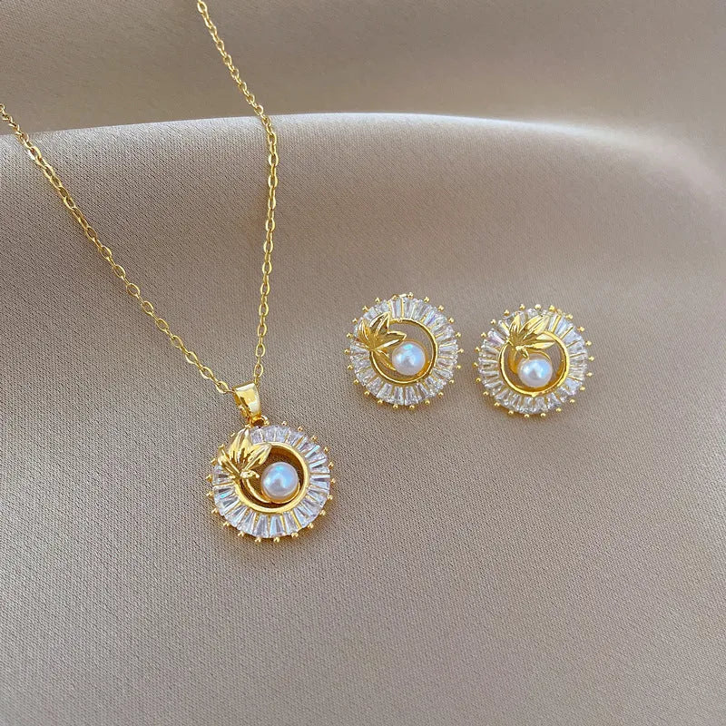 Titanium steel square full diamond personalised ring leaves necklace and earrings jewellery set with gold electroplating