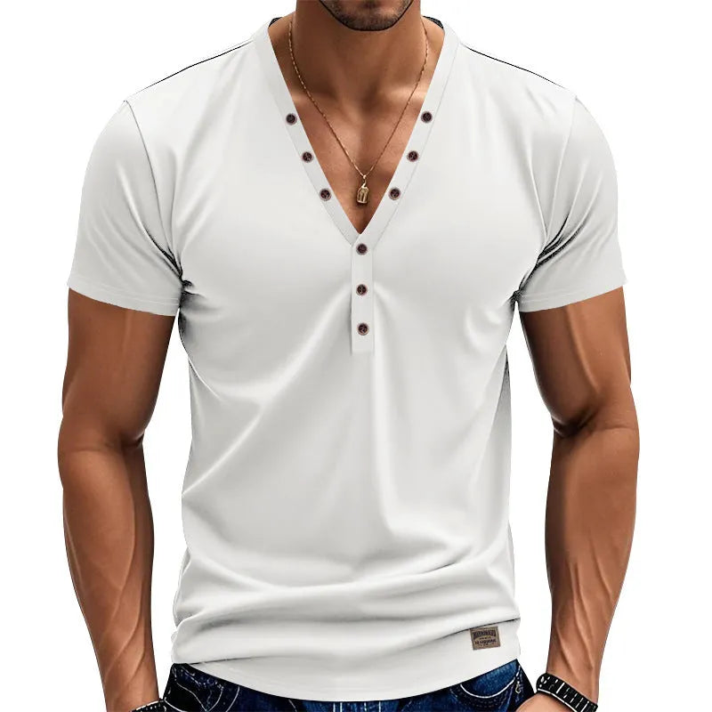 Men's loose V-neck sports top with button detail in chemical fibre blend fabric