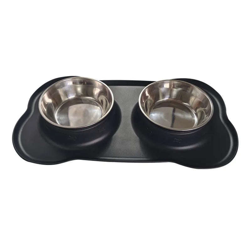 Large silicone dog bowl with a shiny stainless steel inner liner, shown in blue colour.