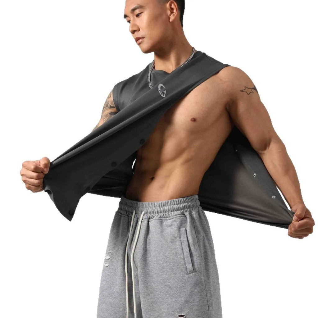 Men's Korean style loose cotton fitness vest with hidden hook side openings in black colour