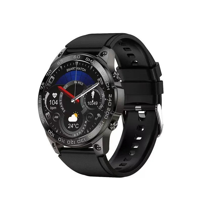 Bluetooth sports watch with AMOLED display showing heart rate metrics on black silicone strap