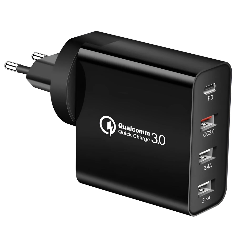 White multi-port fast charger with PD and QC support plugged into a wall socket