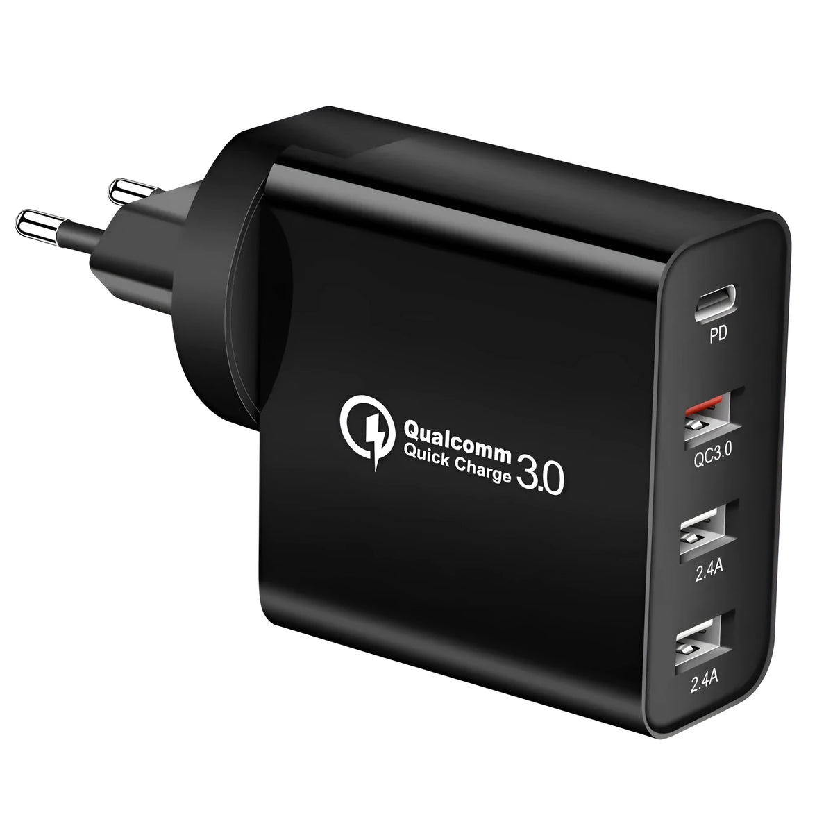 White multi-port fast charger with PD and QC support plugged into a wall socket