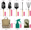 Set of eight stainless steel gardening hand tools including a trowel, weeder, and pruner.