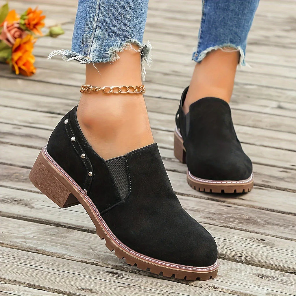 Plus size women's light brown suede ankle boots with low thick heel and elastic band