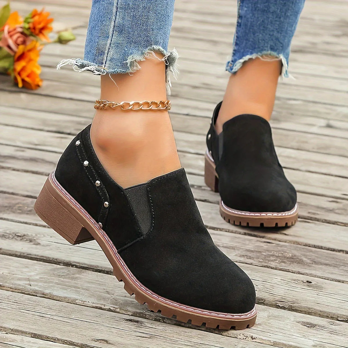 Plus size women's light brown suede ankle boots with low thick heel and elastic band