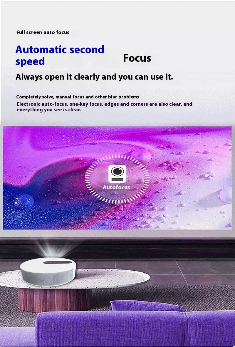 White HD home projector with remote control on a table