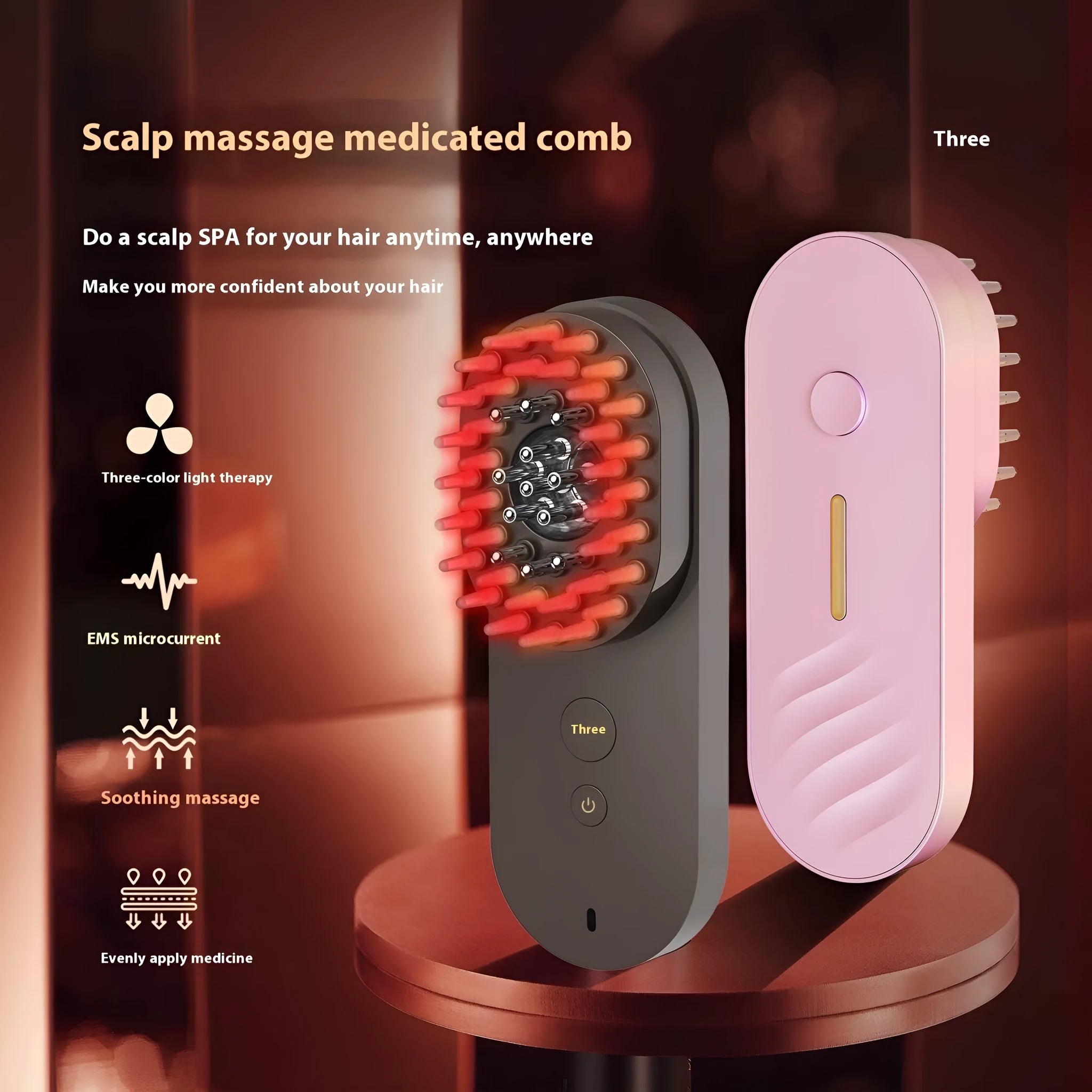 Pink and black smart massage comb with red light therapy for head care, shown actual size under 10cm.