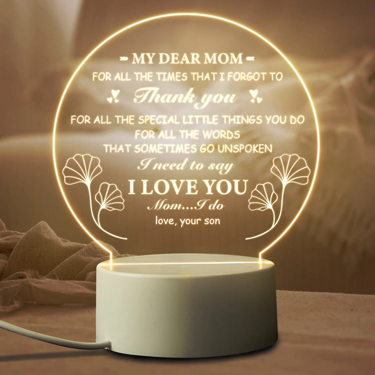 USB-powered acrylic LED night light with modern minimalist design and warm white illumination