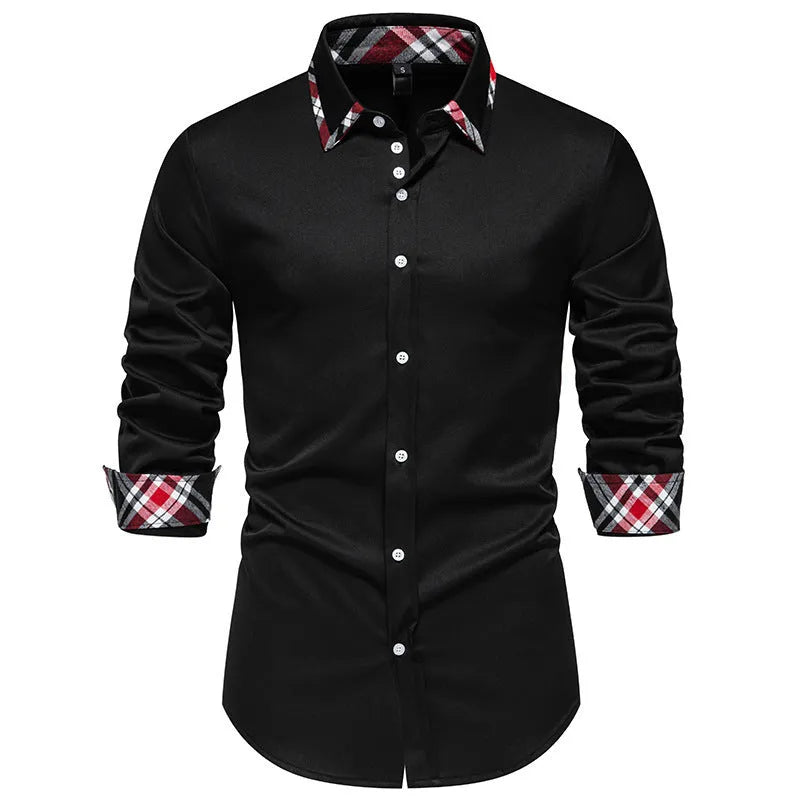 Men's plaid long sleeve shirt with contrast colour triangle collar in chemical fibre blend fabric