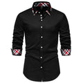 Men's plaid long sleeve shirt with contrast colour triangle collar in chemical fibre blend fabric