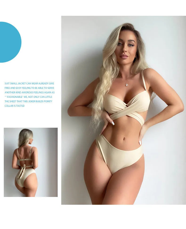 Three-piece backless push-up bikini set in polyester fabric with top, panties and skirt components