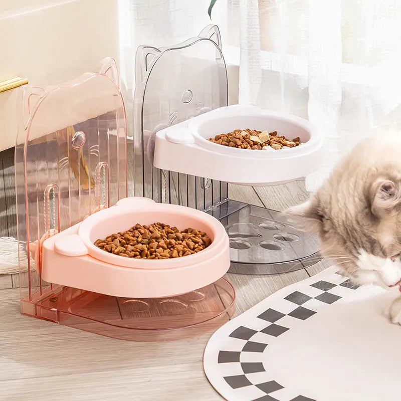 Grey cat feeding bowl with cat ears design and neck protection collar on removable hanging cage
