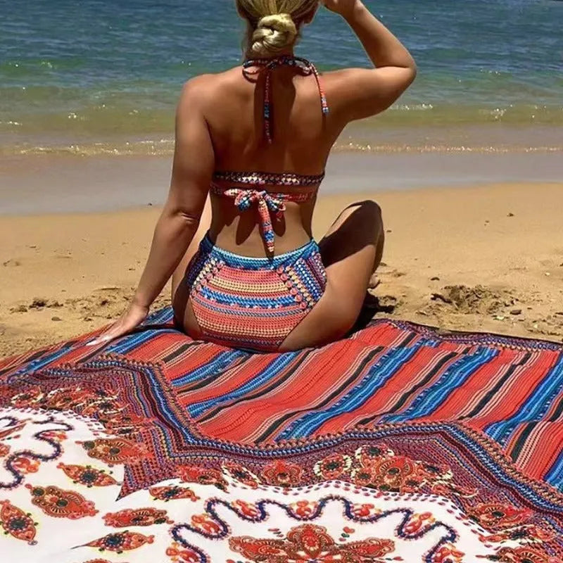 Women's three-piece swimsuit set showing high-waisted briefs, sleeveless cutout blouse, and matching coat.