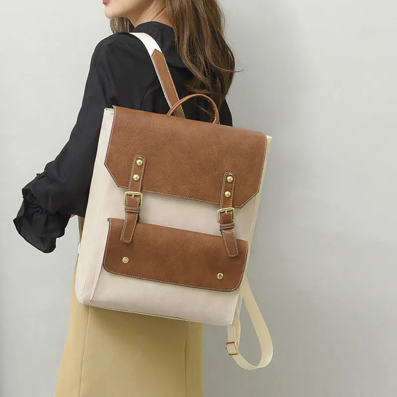 Korean style soft PU retro backpack shown in black, brown, creamy white, and dark brown.