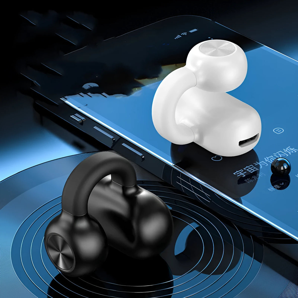 Black wireless bone conduction clip-on earphones with charging cable