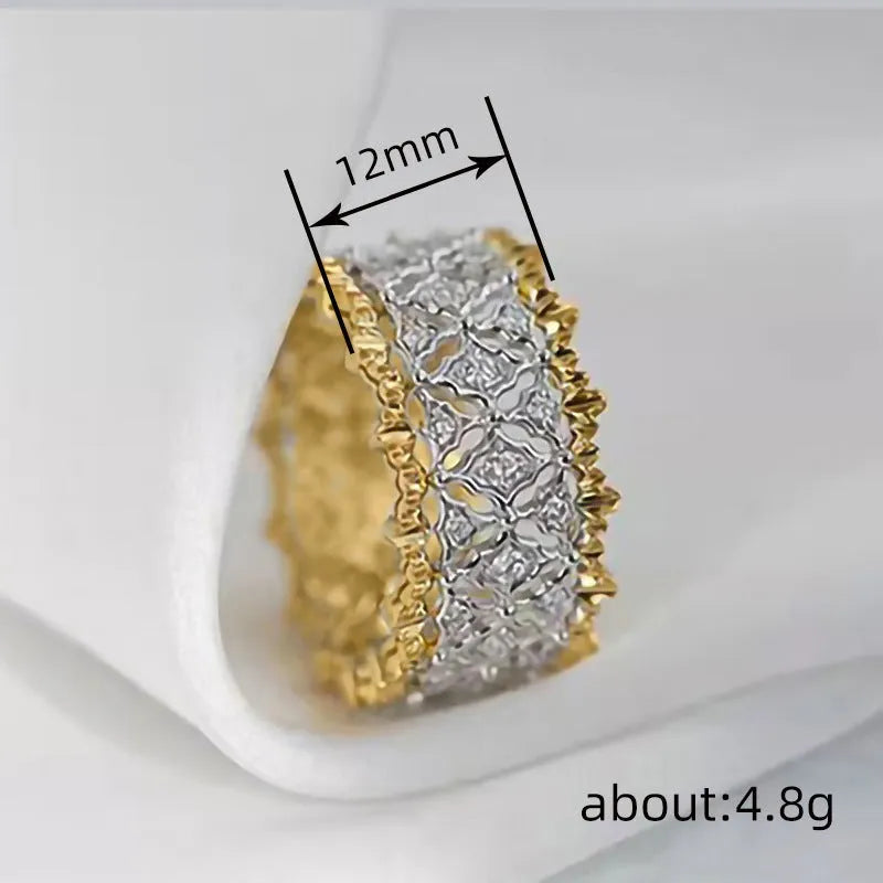 Geometric two-tone gold ring with round zircon detail on copper base