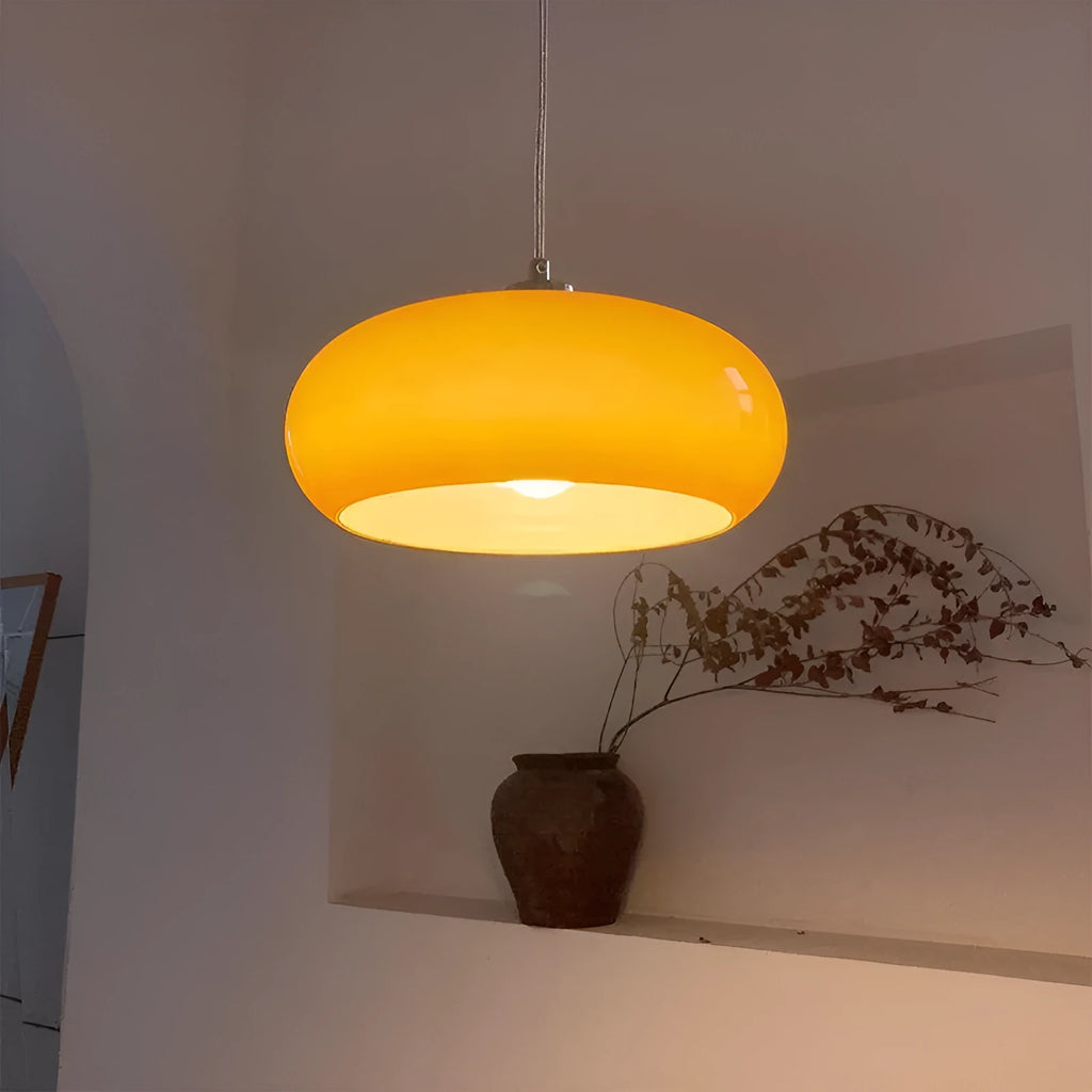 Bauhaus retro pendant light with three milk white glass egg tart shaped shades in cluster formation