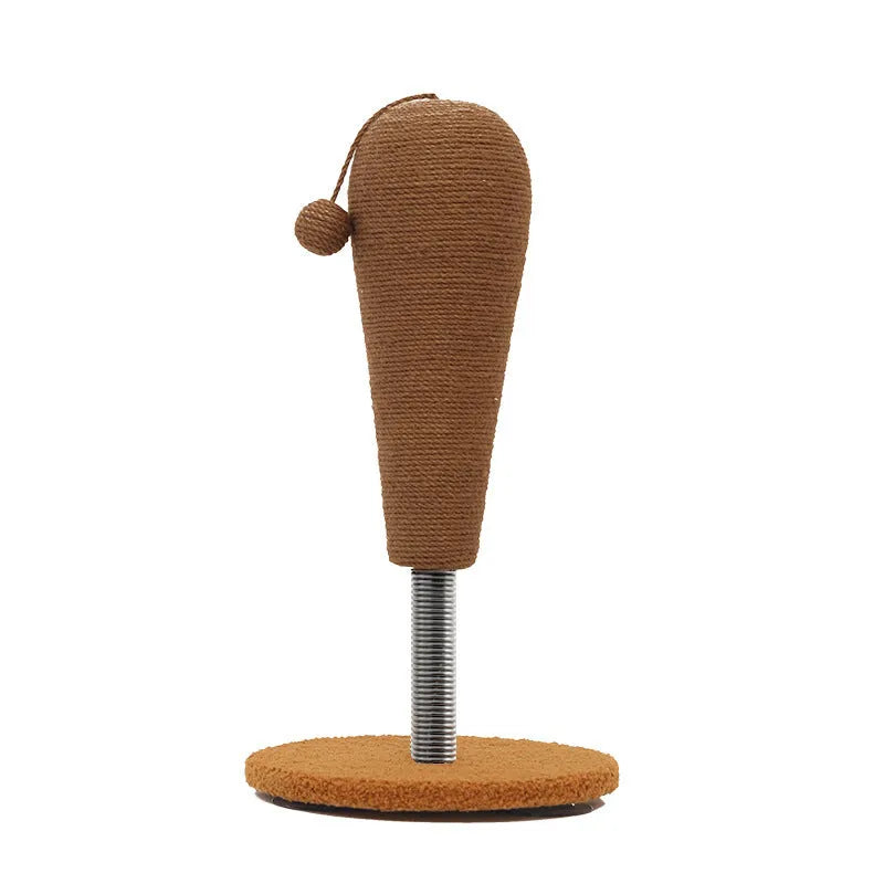 Jute rope cat scratching post with integrated catnip ball, available in large and small sizes.