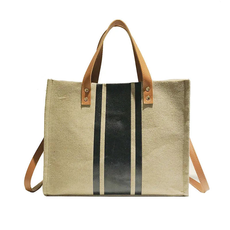 Canvas tote bag women's horizontal square zip top handbag 33cm wide with geometric stripe pattern
