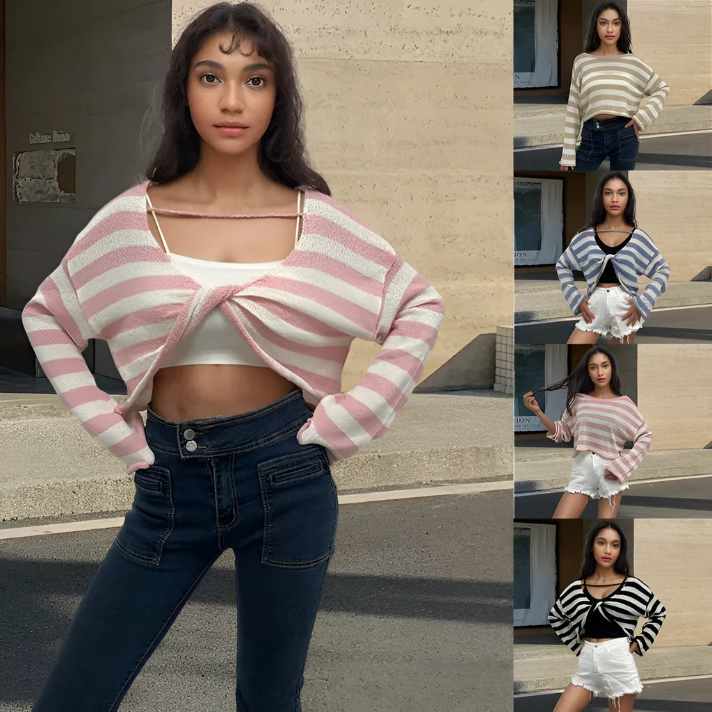 Striped long-sleeved sweater with front and back wearable design in mercerised cotton