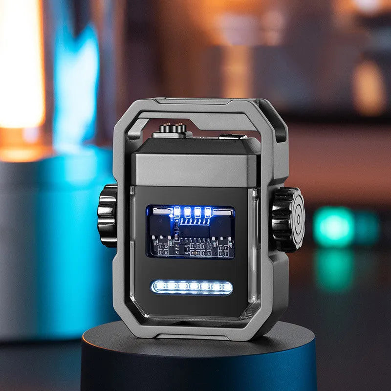 Pulse Lighter Double Arc Electric Windproof Zinc Alloy Gyroscope Decompression Tool in black nickel brushed finish