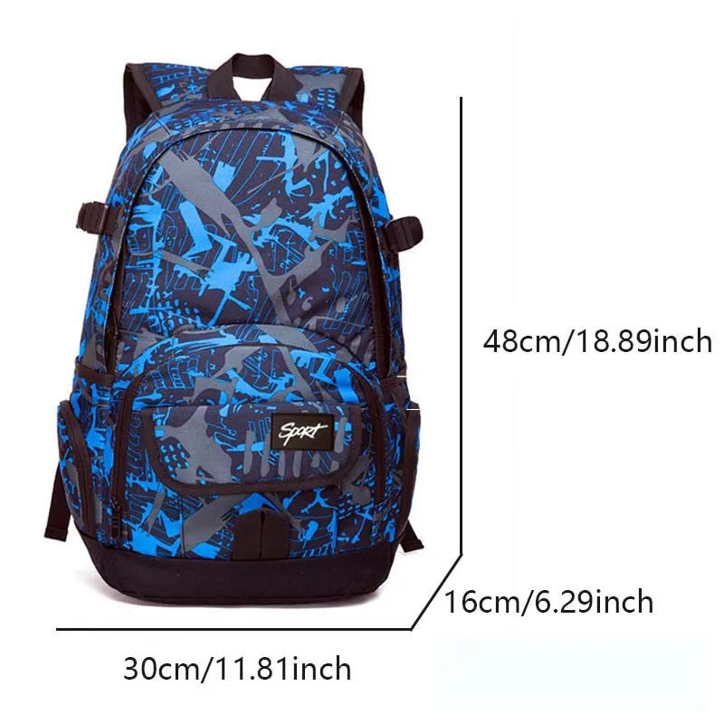 Blue and red classic nylon backpack with large main compartment for school and travel
