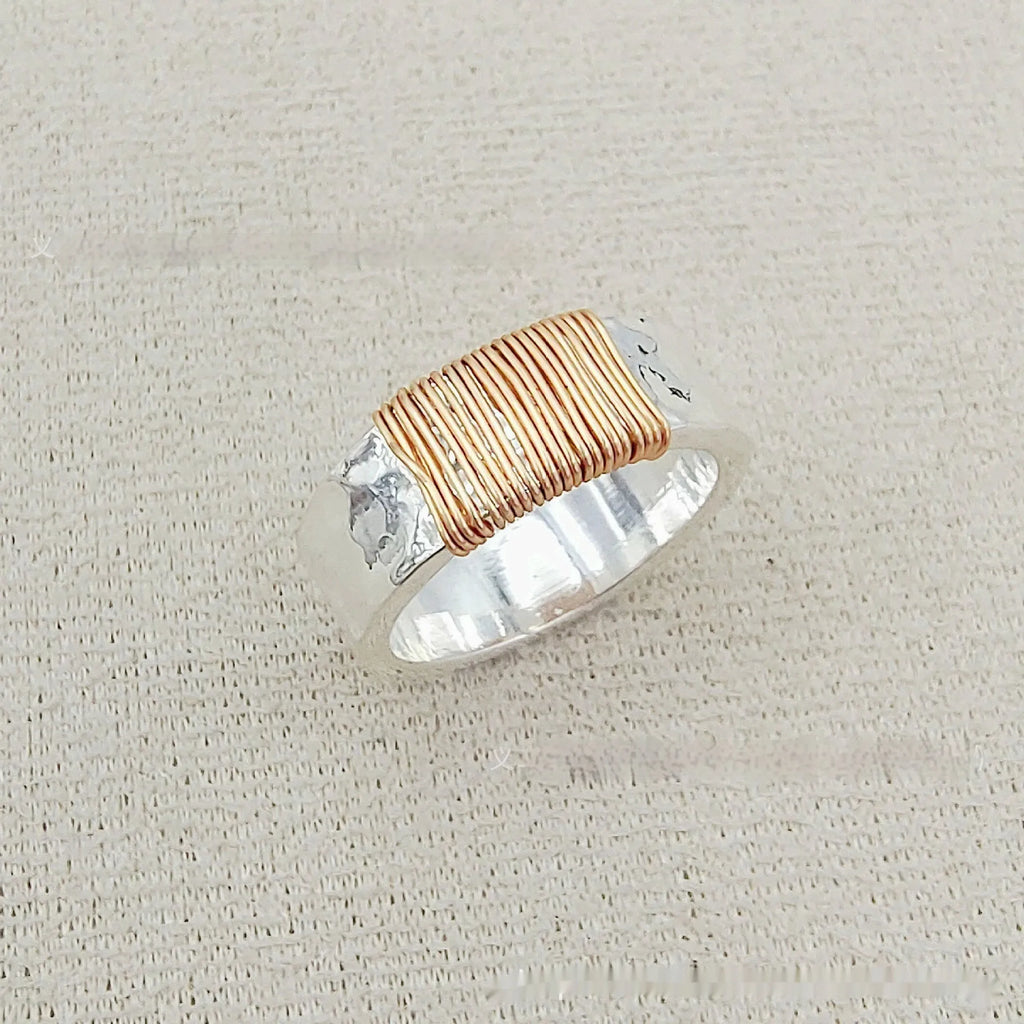 Copper simple bracelet wide face ring with electroplated silver golden coil finish showing geometric modelling