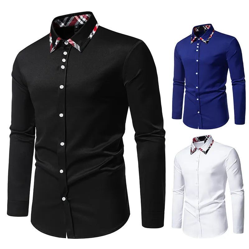 Men's plaid long sleeve shirt with contrast colour triangle collar in chemical fibre blend fabric