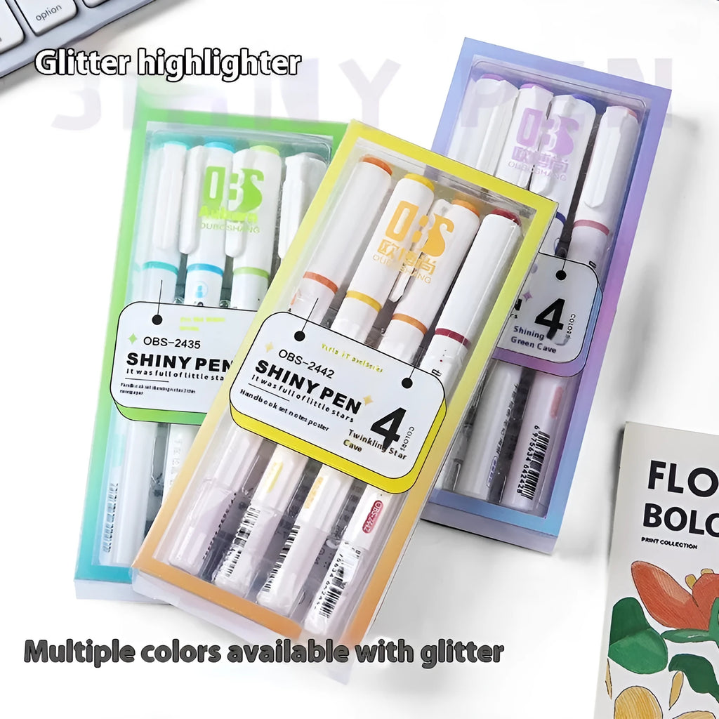 Sparkling Star River highlighter pens with glitter ink in plastic shells, 136mm length with slanted 4mm tips