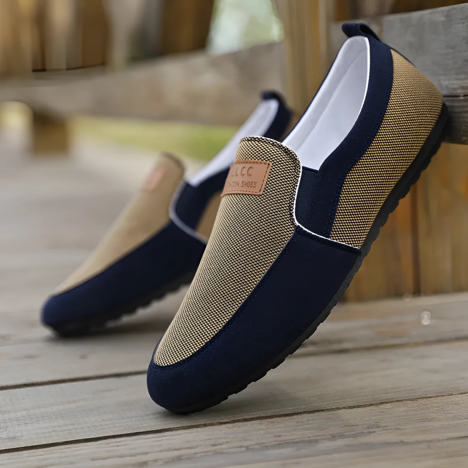 Men's grey and khaki canvas board shoes with rubber soles and round toe design