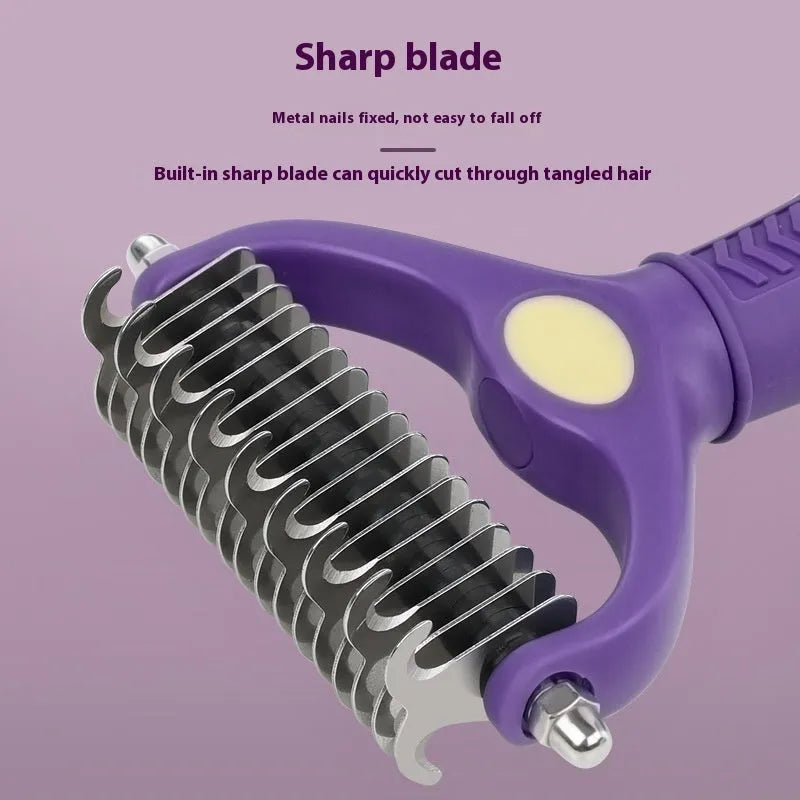 Purple plastic double-sided pet grooming comb for untying knots in cat and dog fur