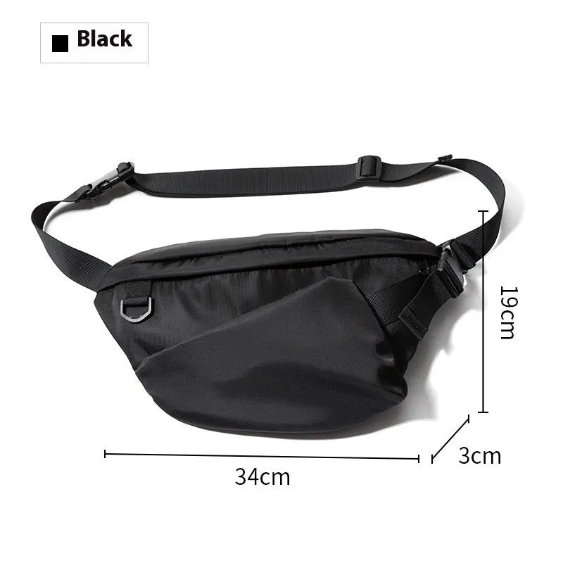 Black men's slanted chest bag with Oxford fabric construction and sewing line detailing