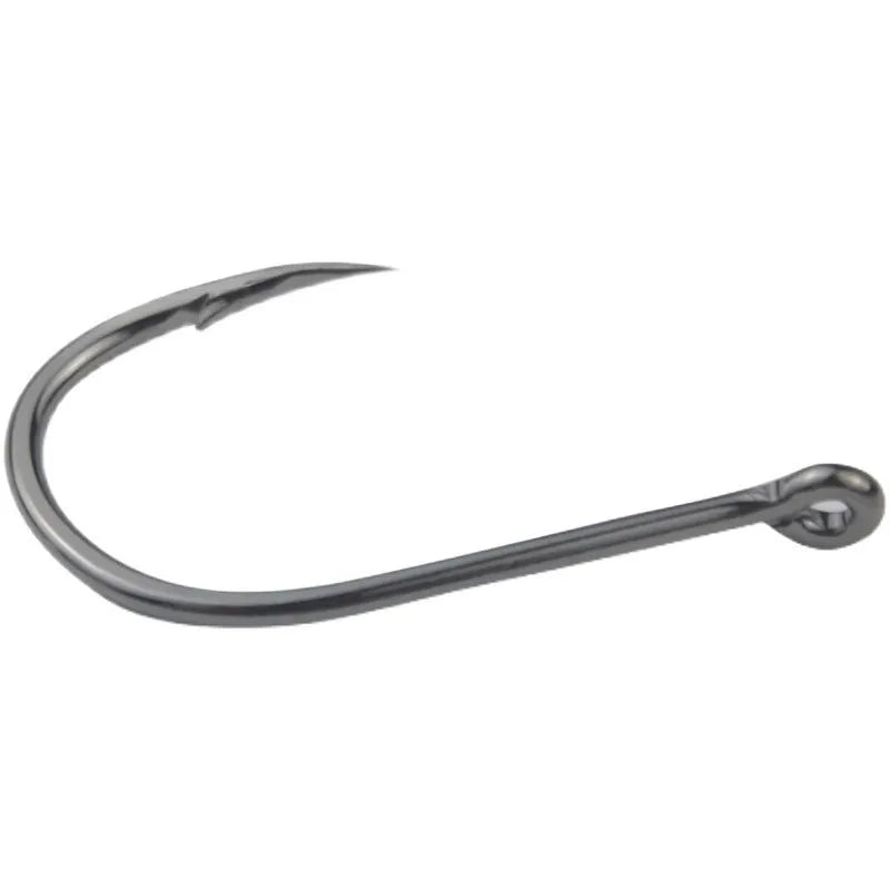 Bulk pack of barbed alloy carbon steel sea fishing hooks with a crooked mouth and hole ring design.