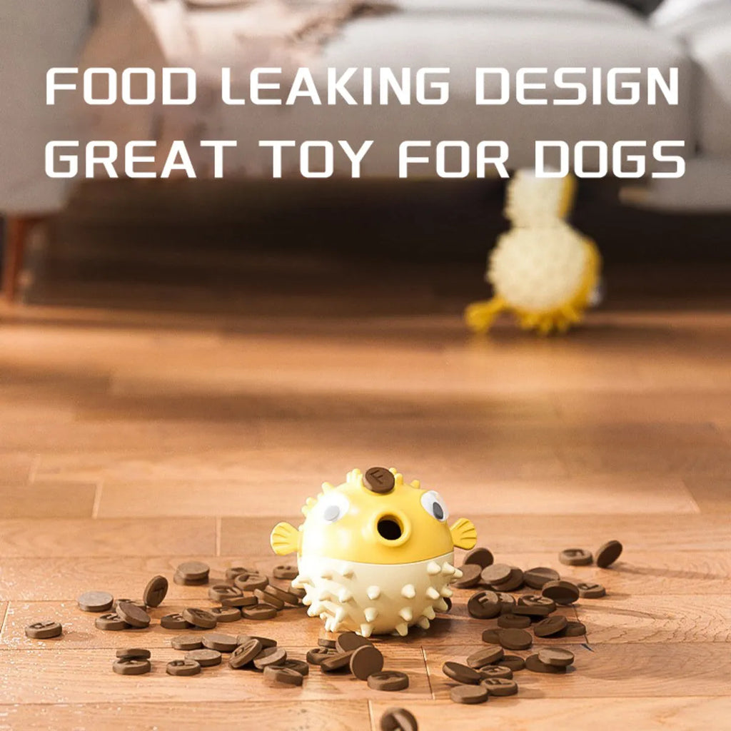 Yellow fish-shaped durable vinyl dog chew toy with textured surface for dental care.