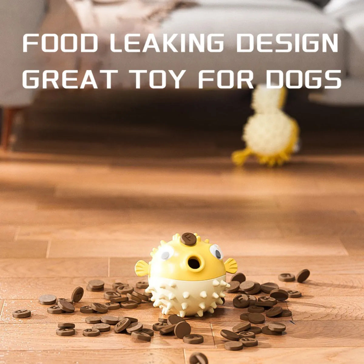 Yellow fish-shaped durable vinyl dog chew toy with textured surface for dental care.
