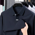 Men's cotton polo shirt in loose fit with lapel collar shown in available colours with size chart