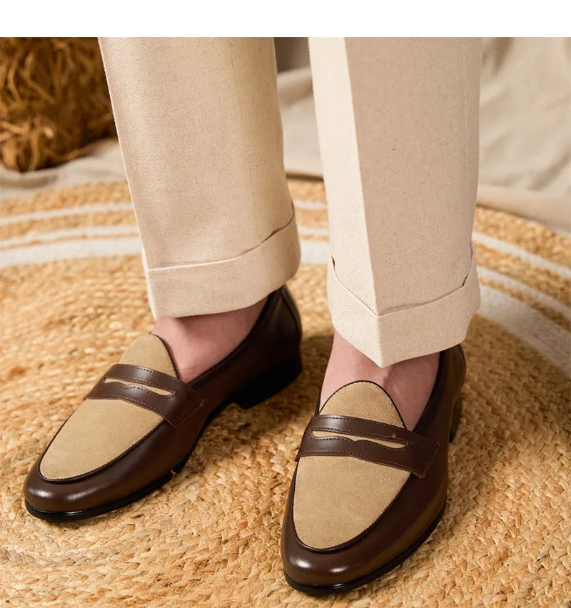 Men's coffee grey suede Belgian loafers with a slip-on design and rubber sole