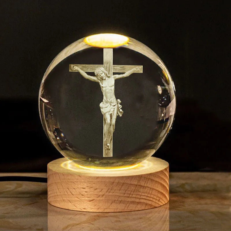 White crystal ball desk ornament on solid wood base with inner paper purity scenes