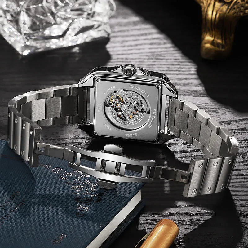 Men's square automatic watch with diamond studs on a stainless steel bracelet