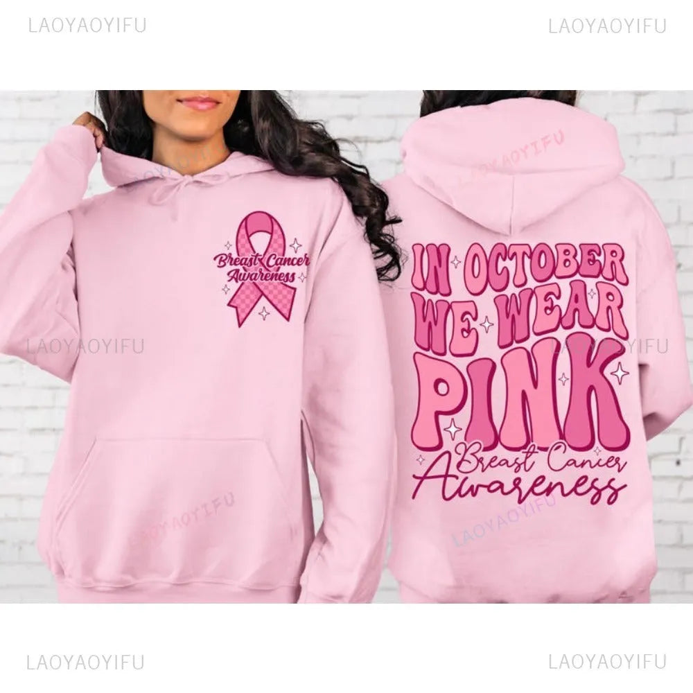 Pink Breast Cancer Awareness hooded sweatshirt with art retro pattern, side pocket, and hot stamping detail.